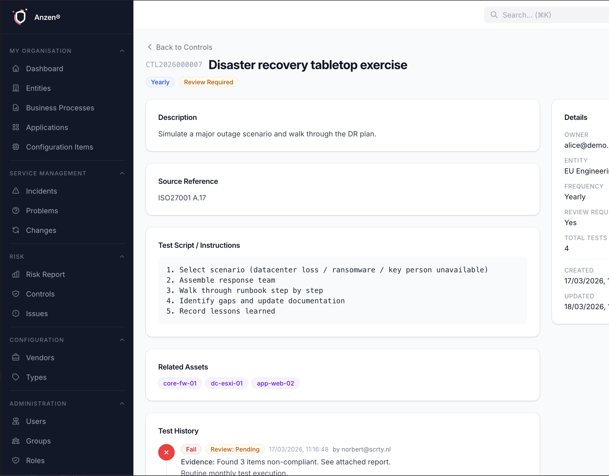 Control detail view showing test script instructions, related assets, and test history with pass/review status