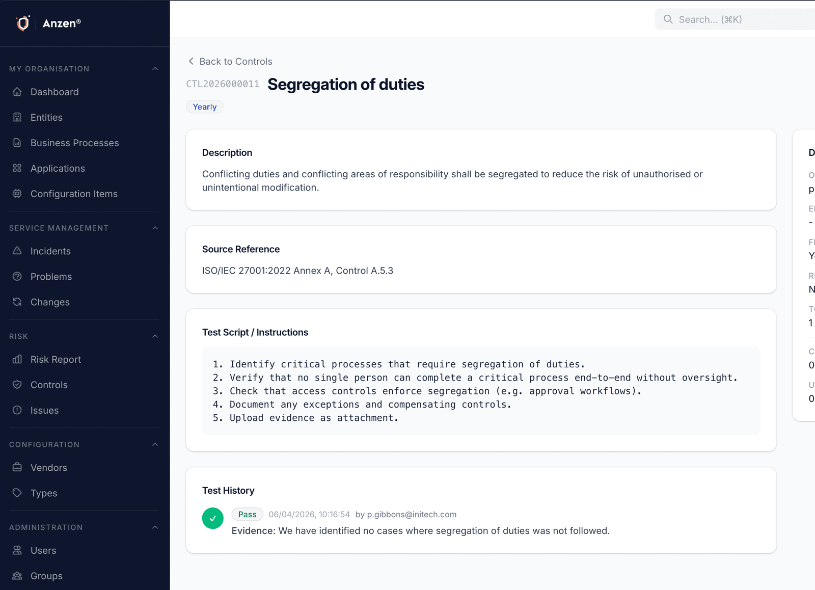 Control detail view showing test script instructions, related assets, and test history with pass/review status